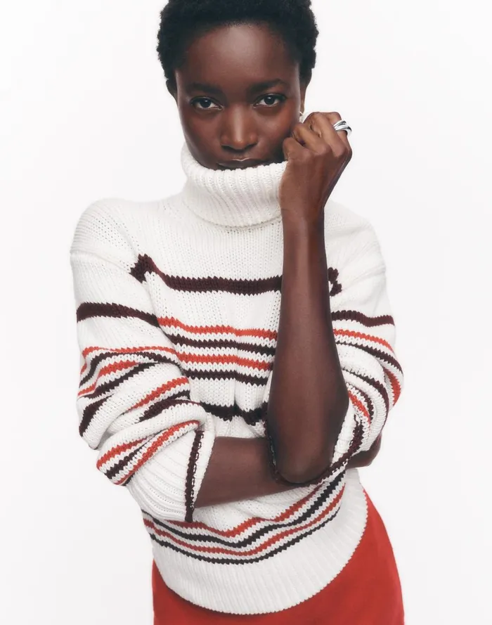 Women Sweaters Madewell Ribbed Cotton Turtleneck Sweater In Stripe Cabernet Stripe