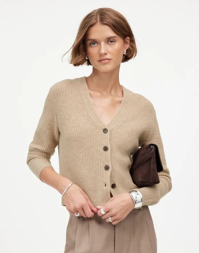 Women Sweaters Madewell SoftWool ButtonFront Cardigan Heather Oatmeal