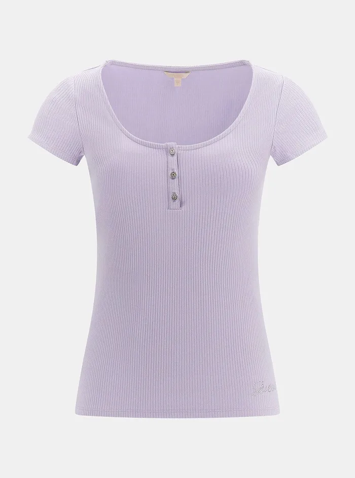 Women Tees and Tanks GUESS Eco Purple Karlee Jewel Henley Tshirt Women Tees and Tanks GUESS Eco Purple Karlee Jewel Henley Tshirt