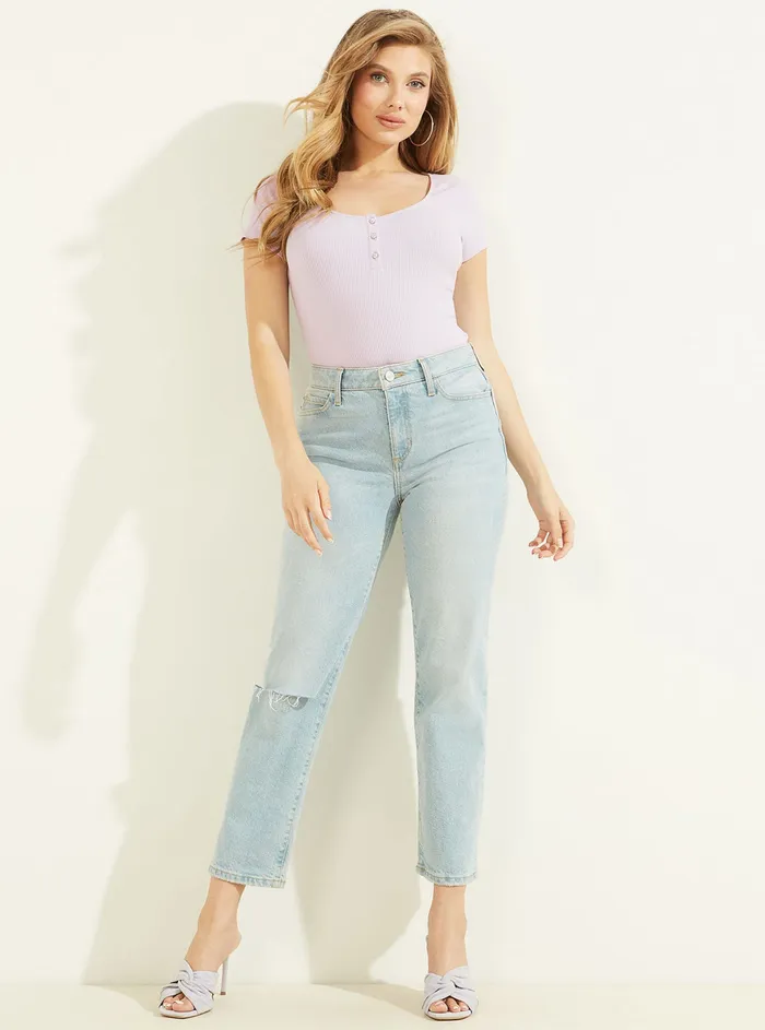 Women Tees and Tanks GUESS Eco Purple Karlee Jewel Henley Tshirt Women Tees and Tanks GUESS Eco Purple Karlee Jewel Henley Tshirt