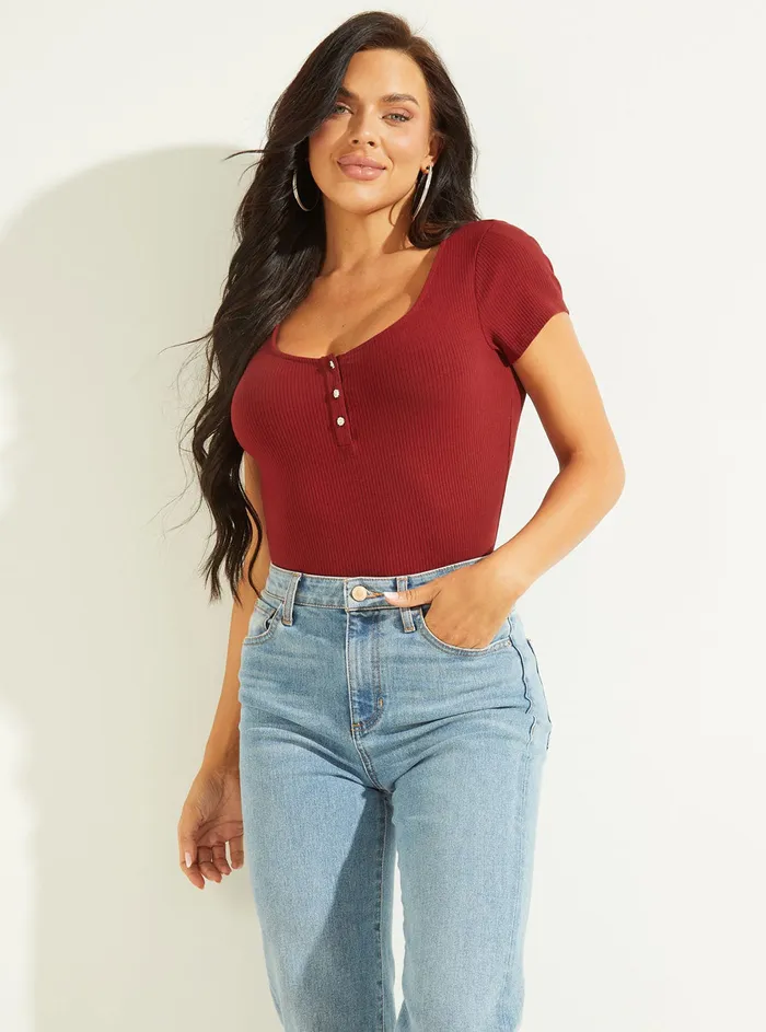 Women Tees and Tanks GUESS Eco Red Karlee Jewel Henley Tshirt