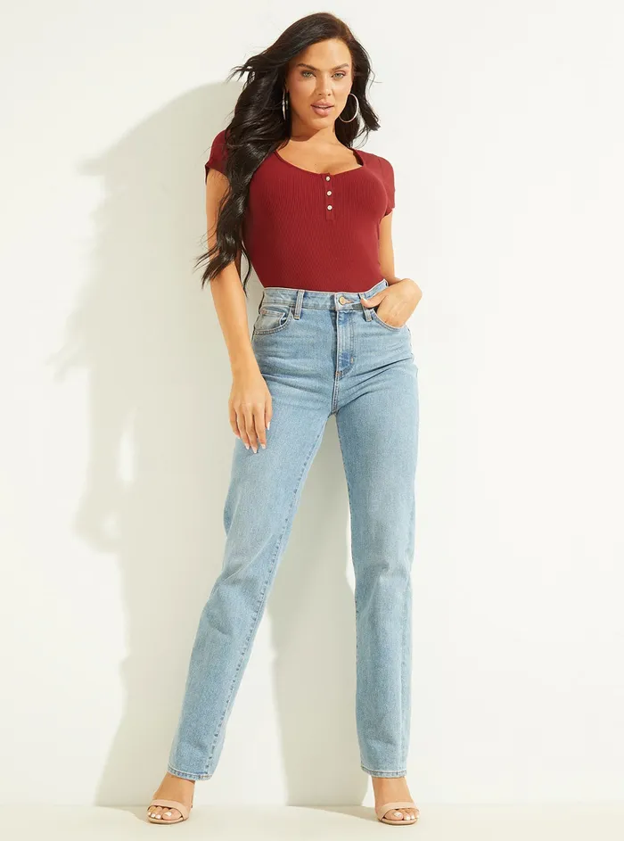 Women Tees and Tanks GUESS Eco Red Karlee Jewel Henley Tshirt Women Tees and Tanks GUESS Eco Red Karlee Jewel Henley Tshirt