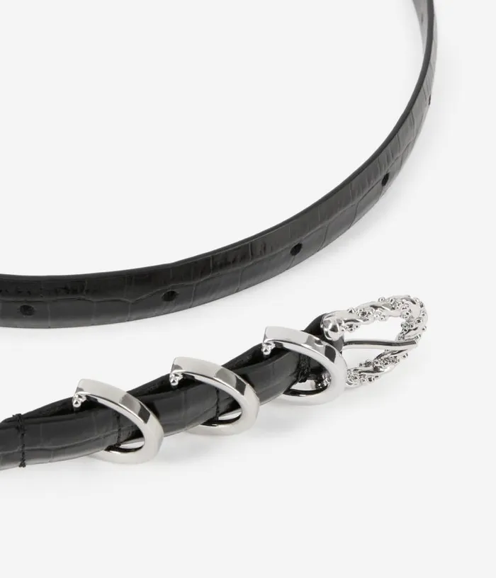 Women Thin Black Crocodileeffect Leather Belt THE KOOPLES Belts