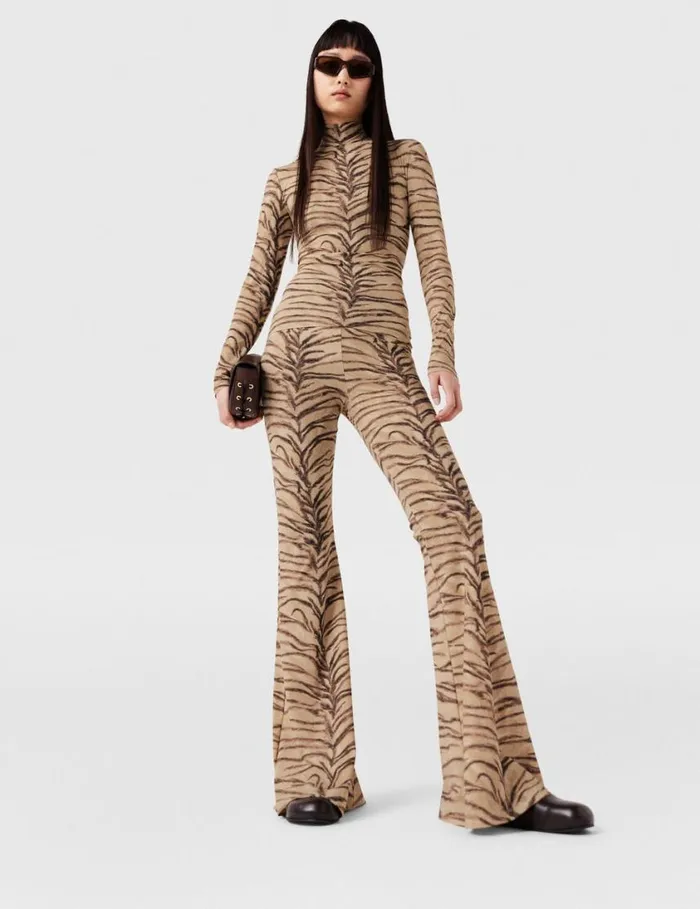 Women Tiger Print HighRise Flared Pants Natural Tiger Print Stella McCartney Pants And Shorts Women Tiger Print HighRise Flared Pants Natural Tiger Print Stella McCartney Pants And Shorts