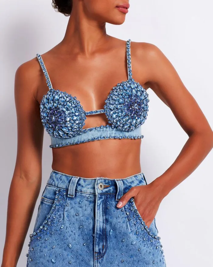Women Tops and Bodysuits PatBO HANDBEADED DENIM BRALETTE FINAL SALE Denim