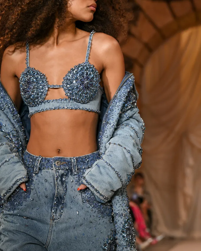 Women Tops and Bodysuits PatBO HANDBEADED DENIM BRALETTE FINAL SALE Denim