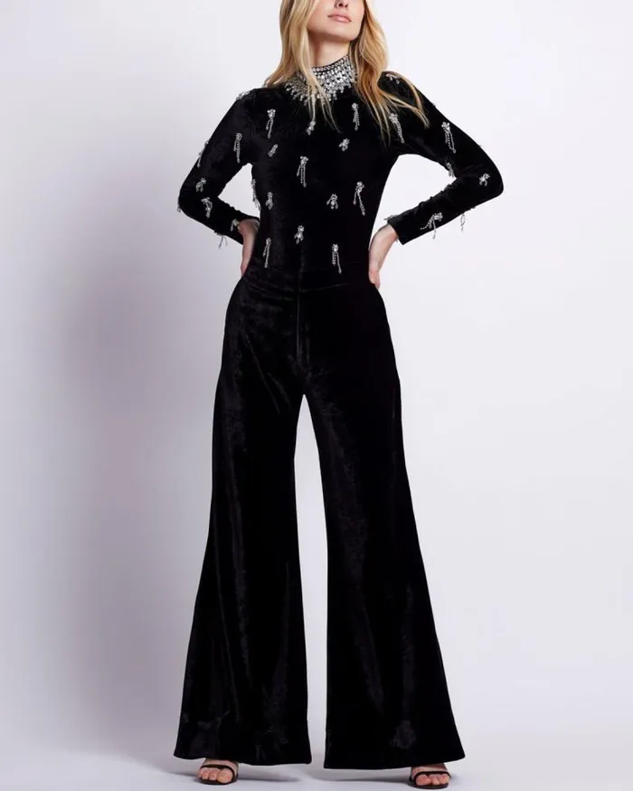 Women Tops and Bodysuits PatBO HAND BEADED VELVET BODYSUIT Black