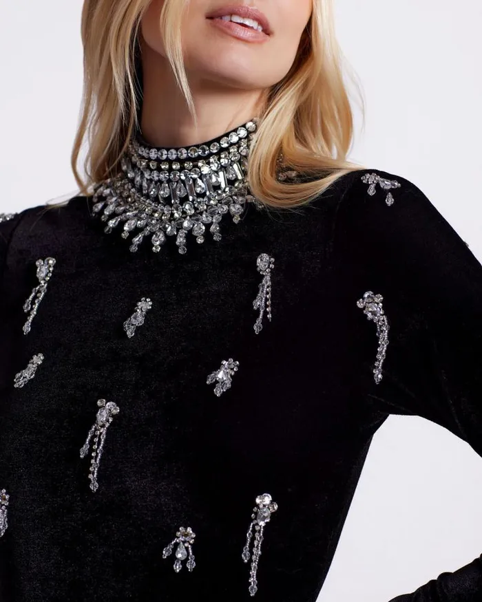 Women Tops and Bodysuits PatBO HAND BEADED VELVET BODYSUIT Black