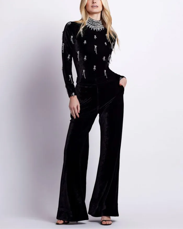 Women Tops and Bodysuits PatBO HAND BEADED VELVET BODYSUIT Black
