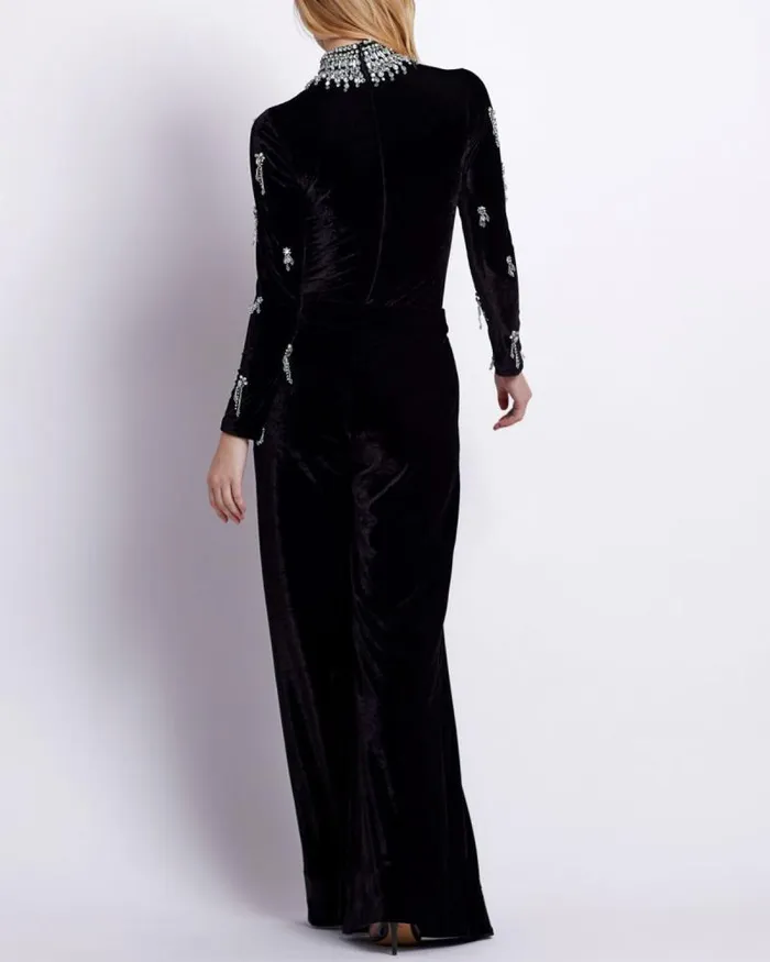 Women Tops and Bodysuits PatBO HAND BEADED VELVET BODYSUIT Black