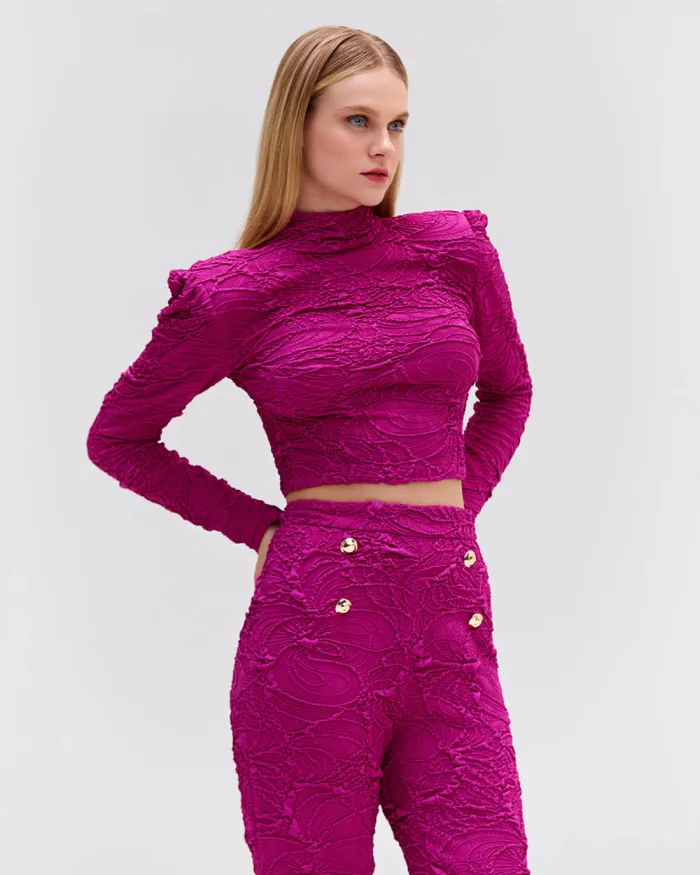 Women Tops and Bodysuits PatBO Jacquard Mock Neck Cropped Top Raspberry