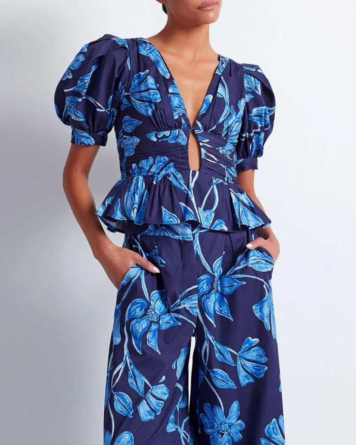 Women Tops and Bodysuits PatBO Nightflower Cotton Peplum Top FINAL SALE Indigo