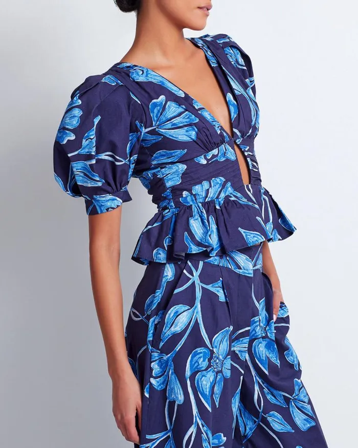 Women Tops and Bodysuits PatBO Nightflower Cotton Peplum Top FINAL SALE Indigo