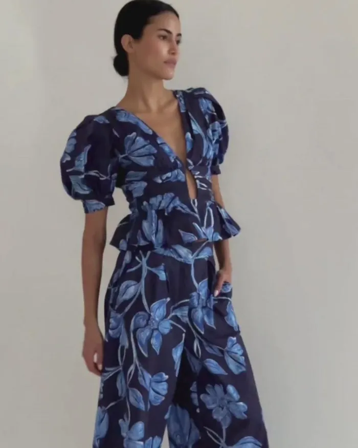 Women Tops and Bodysuits PatBO Nightflower Cotton Peplum Top FINAL SALE Indigo