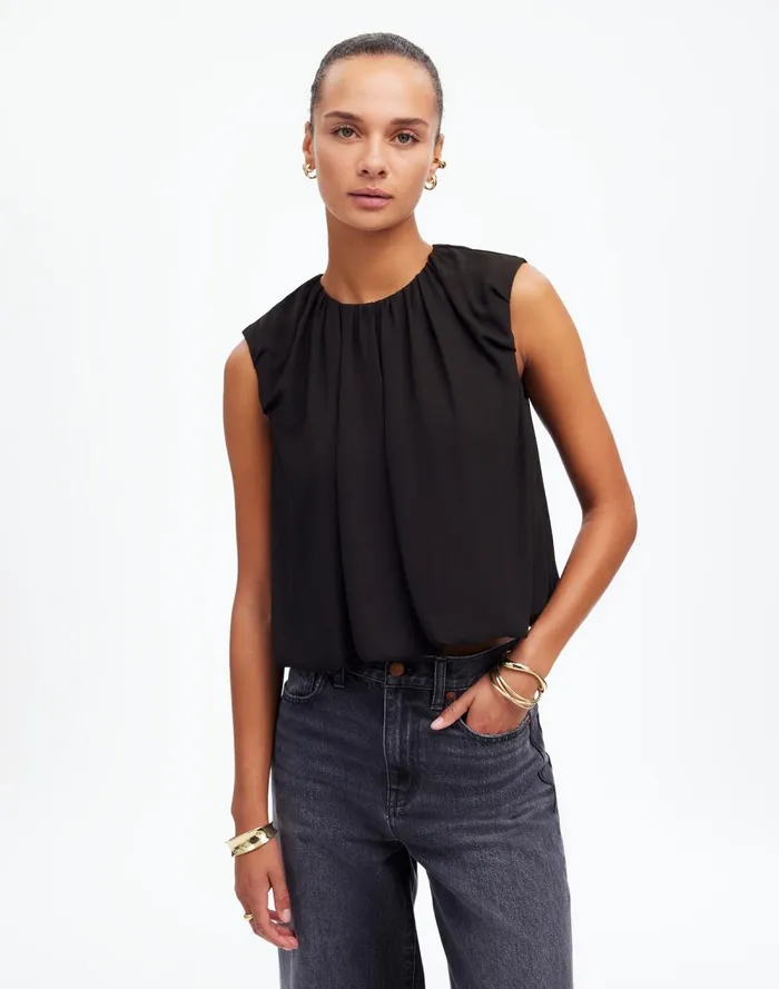 Women Tops and Shirts Madewell Sleeveless Bubble Top In Chiffon True Black