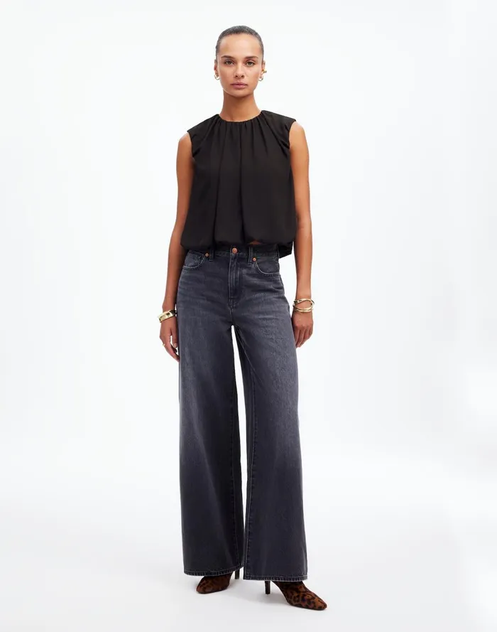 Women Tops and Shirts Madewell Sleeveless Bubble Top In Chiffon True Black