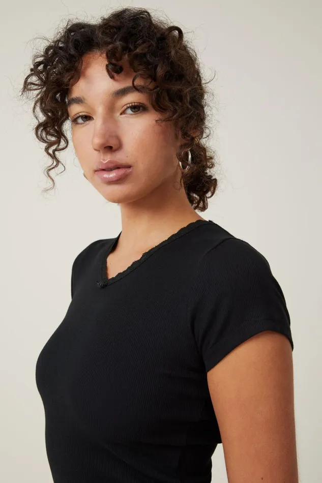 Women Tops Cotton On Annabelle Rosette V Neck Tee Black