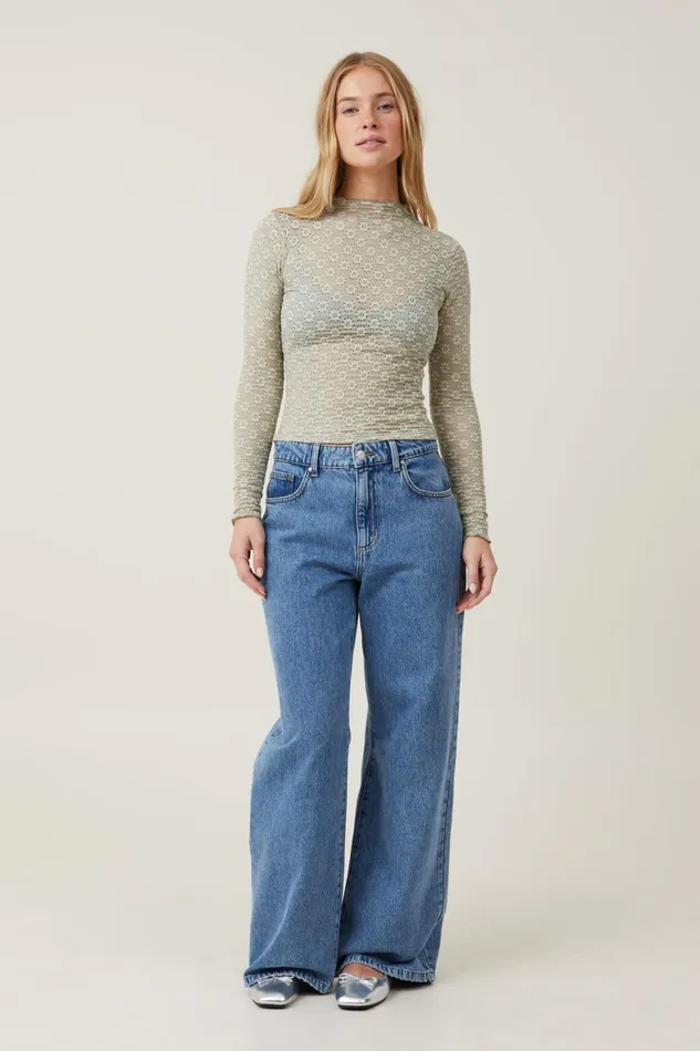 Women Tops Cotton On Luna Textured Mock Neck Long Sleeve Top Desert Sage