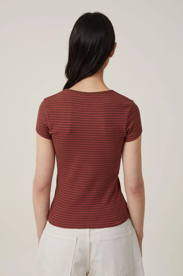 Women Tops Cotton On The One Organic Rib Crew Short Sleeve Tee Eliza Stripe Bottle Brown