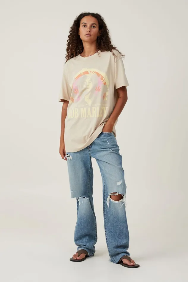 Women Tops Cotton On The Oversized Hip Hop Tee Lcn Br Bob Marley Rootsmid Taupe