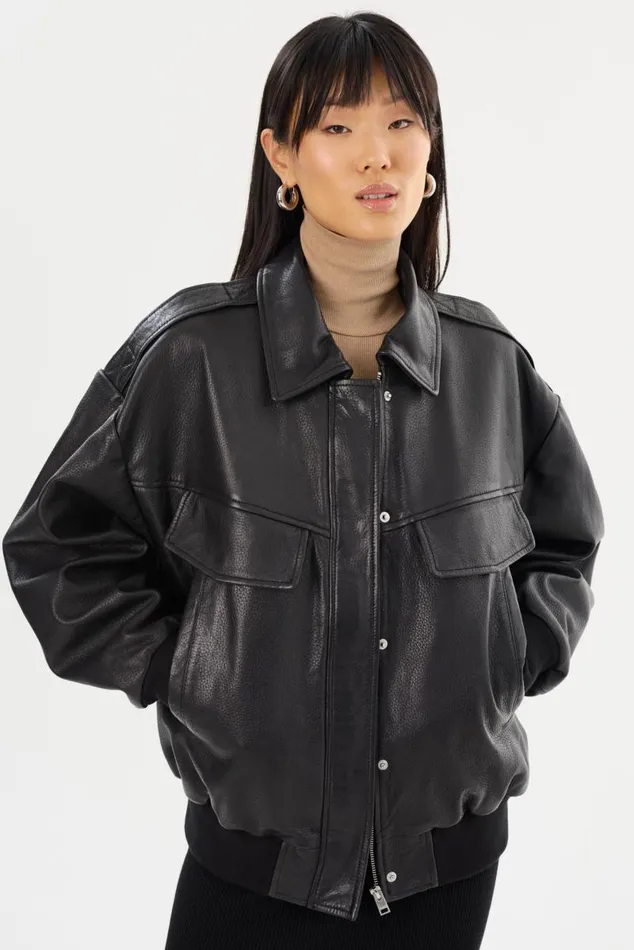 Women TREVANNA Leather Bomber Jacket Black LAMARQUE Leather Jackets