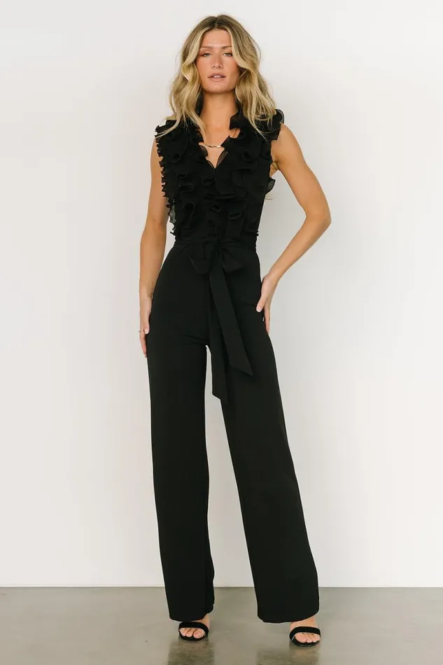 Women Tyra Ruffle Tank Jumpsuit Black Baltic Born Jumpsuits and Rompers