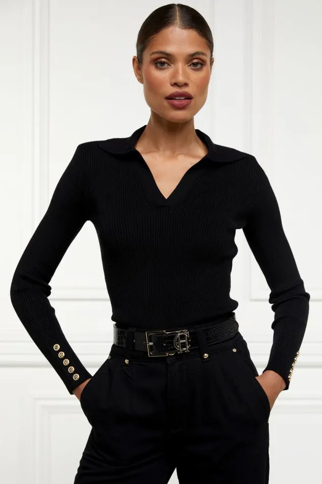 Women VNeck Rib Top Black Holland Cooper Knitwear