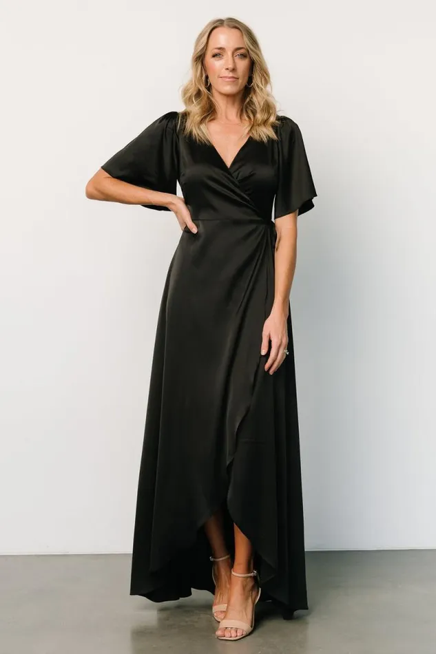 Women Vara Satin Maxi Wrap Dress Black Baltic Born Maxi Dresses