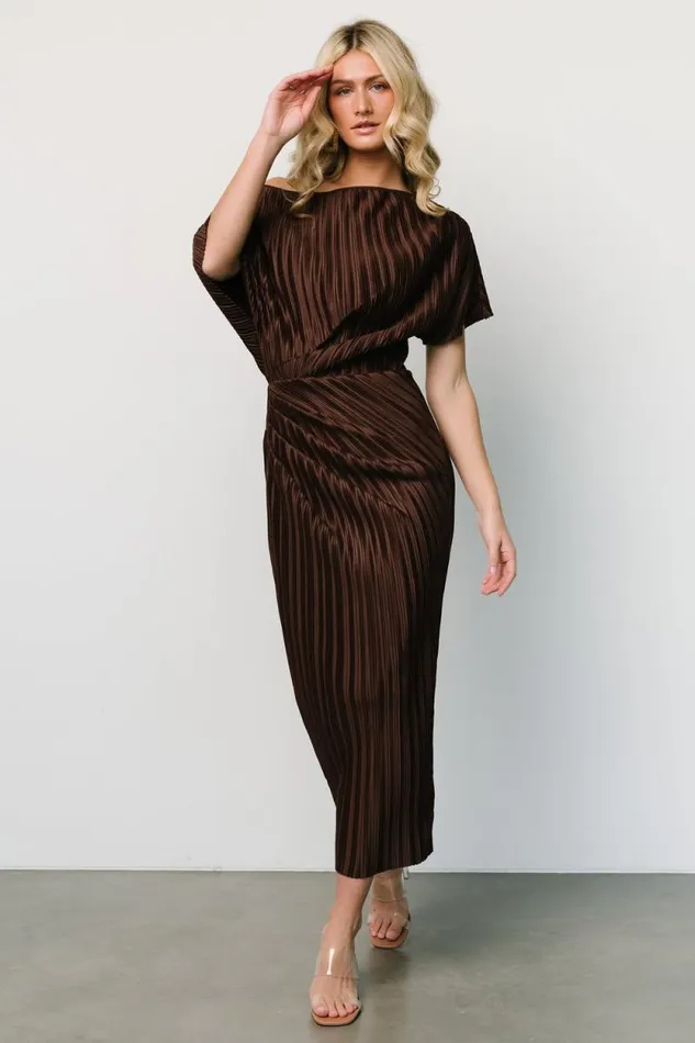 Women Winslow Pleated Midi Dress Dark Brown Baltic Born Midi Dresses
