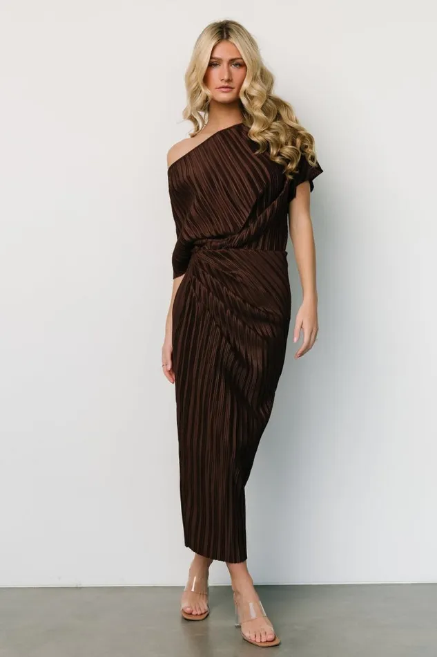 Women Winslow Pleated Midi Dress Dark Brown Baltic Born Midi Dresses