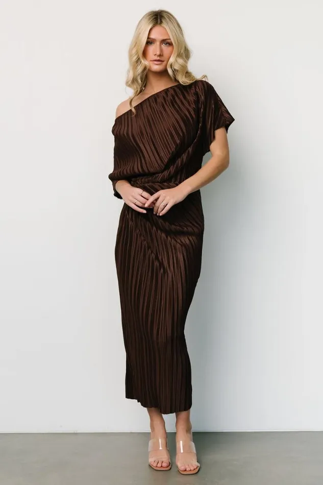Women Winslow Pleated Midi Dress Dark Brown Baltic Born Midi Dresses