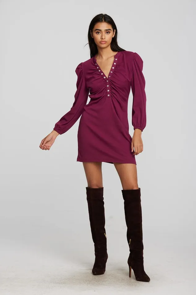 Womens Dresses Chaser Brand Recycled Vintage Rib Mini Dress With Deep V And Pearl Snaps