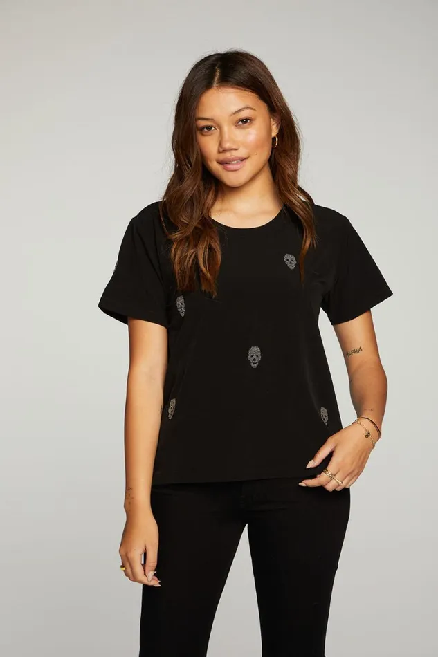 Womens Tops Chaser Brand Beaded Skulls Short Sleeve Tee