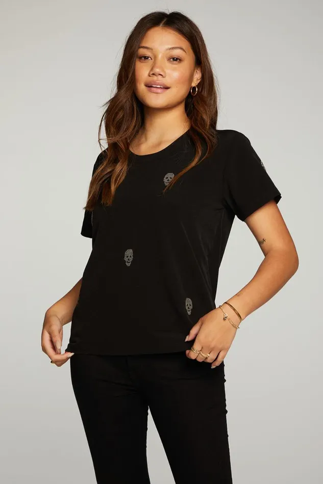 Womens Tops Chaser Brand Beaded Skulls Short Sleeve Tee