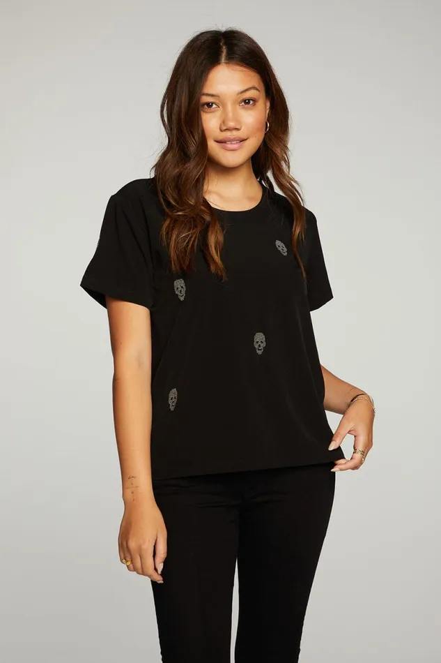 Womens Tops Chaser Brand Beaded Skulls Short Sleeve Tee