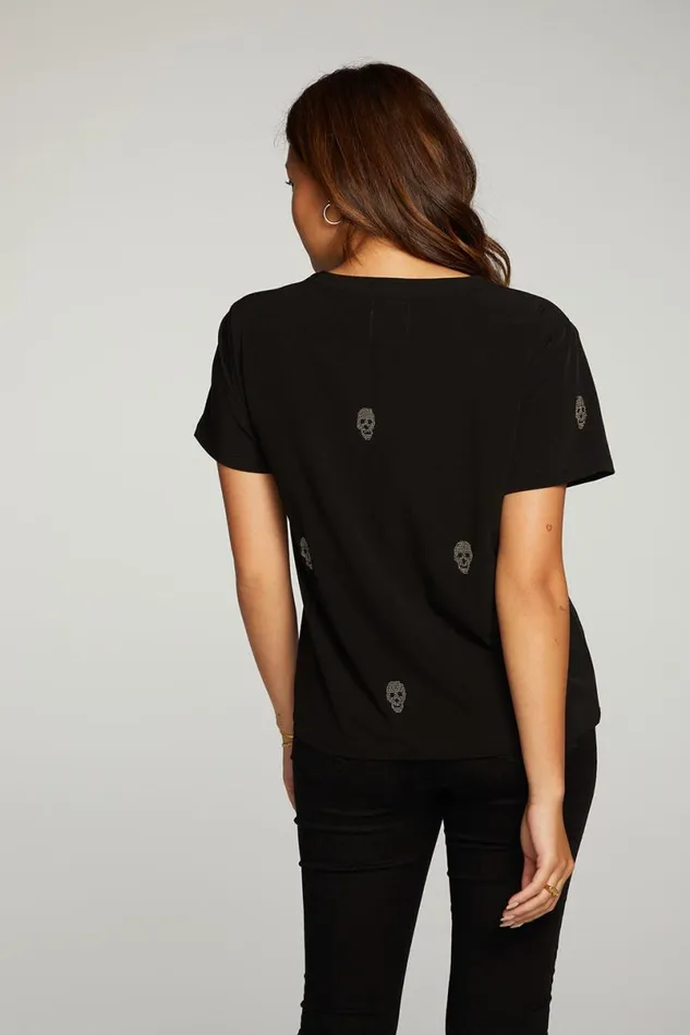 Womens Tops Chaser Brand Beaded Skulls Short Sleeve Tee