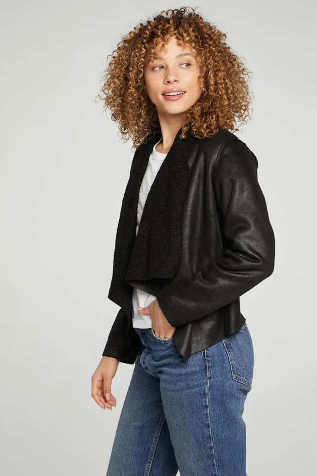 Womens Tops Chaser Brand Faux Suede Shearling Reversible Long Sleeve Waterfall Neck Jacket