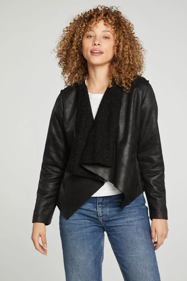 Womens Tops Chaser Brand Faux Suede Shearling Reversible Long Sleeve Waterfall Neck Jacket