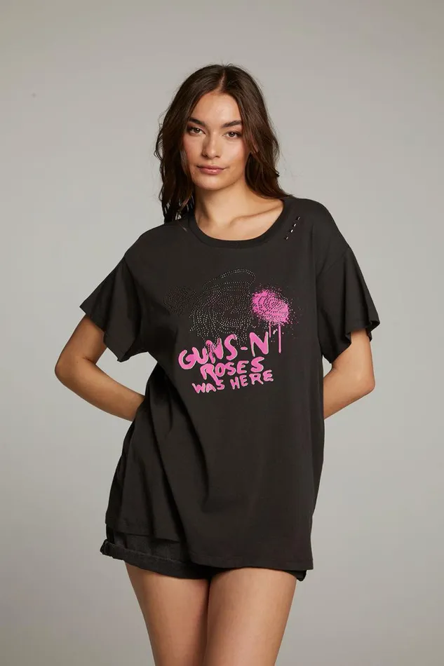 Womens Tops Chaser Brand Gun N039 Roses Studded Skull Tee