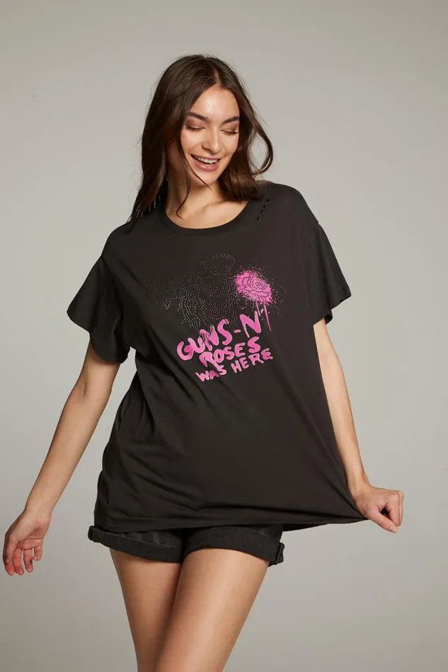Womens Tops Chaser Brand Gun N039 Roses Studded Skull Tee