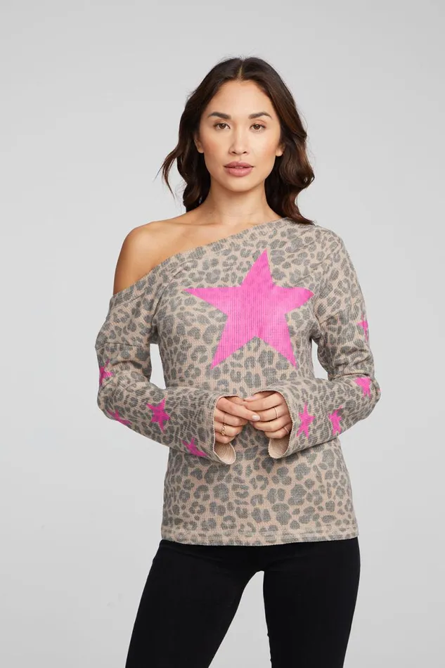 Womens Tops Chaser Brand Leopard Star Long Sleeve