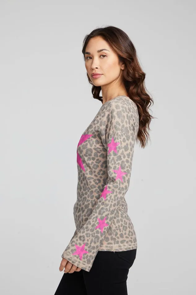 Womens Tops Chaser Brand Leopard Star Long Sleeve
