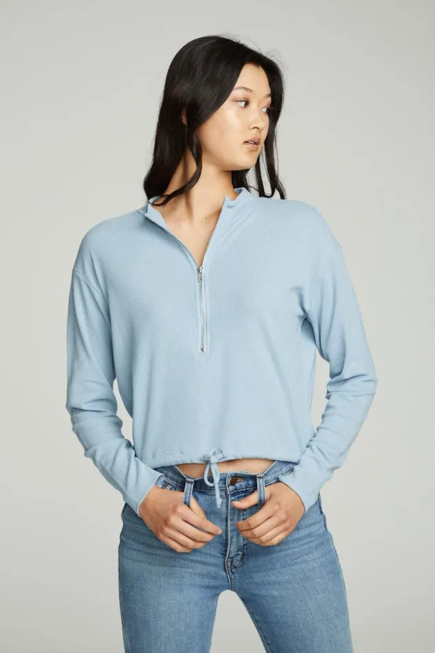Womens Tops Chaser Brand Long Sleeve Zipper Mock Neck Semi Cropped Tee
