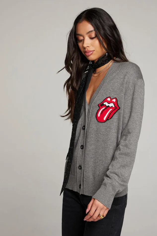 Womens Tops Chaser Brand Rolling Stones Cardigan Logo Intarsia Knit Vibe Cardigan