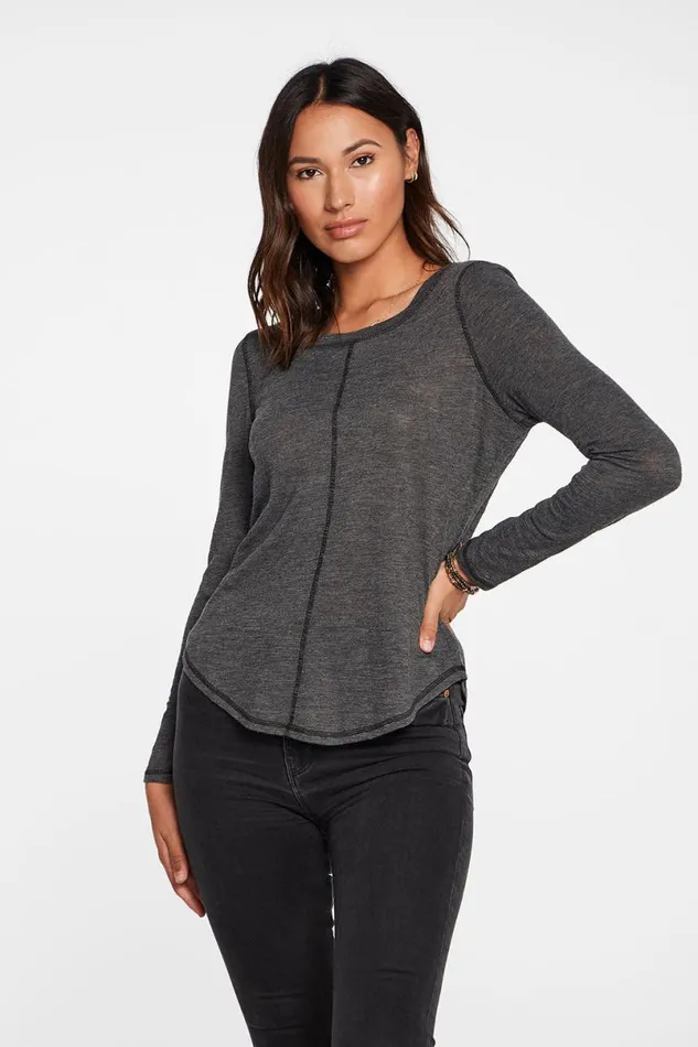 Womens Tops Chaser Brand Slub Jersey Long Sleeve Seamed Tee In True Black