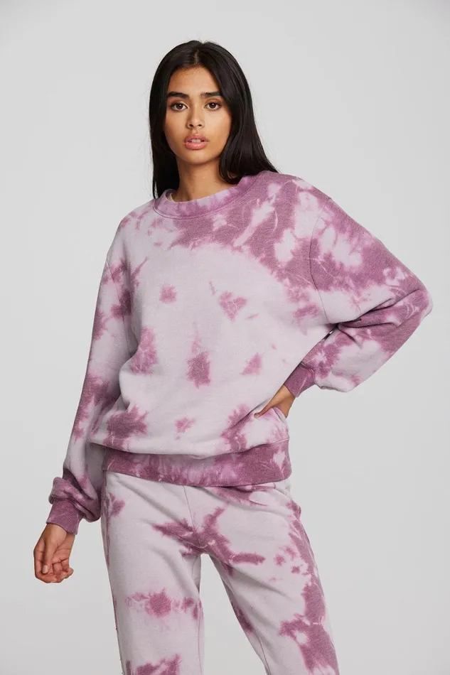Womens Tops Chaser Brand Zuma Cotton Terry Crewneck Pullover With Distressed Detail Long Sleeve