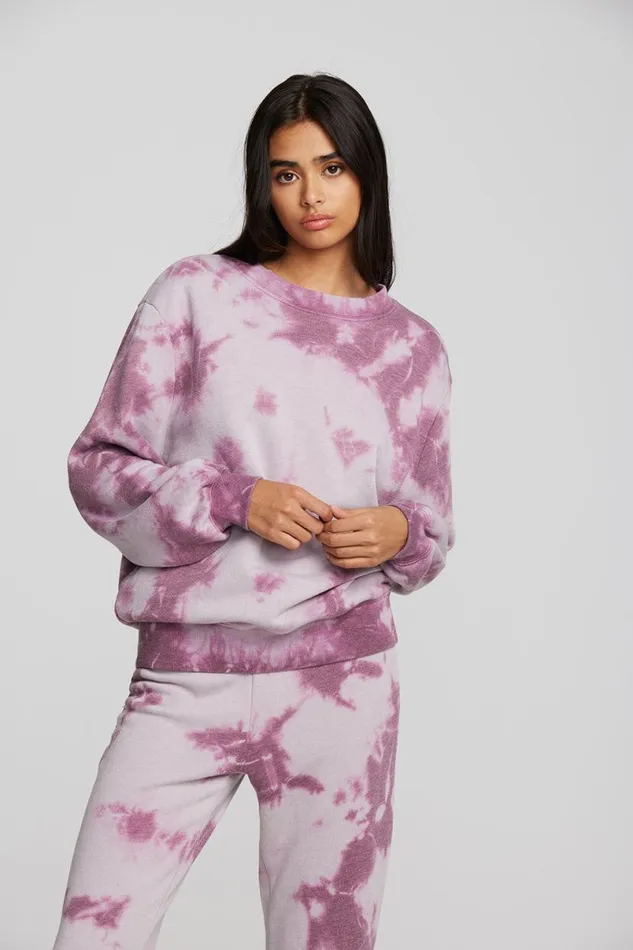 Womens Tops Chaser Brand Zuma Cotton Terry Crewneck Pullover With Distressed Detail Long Sleeve
