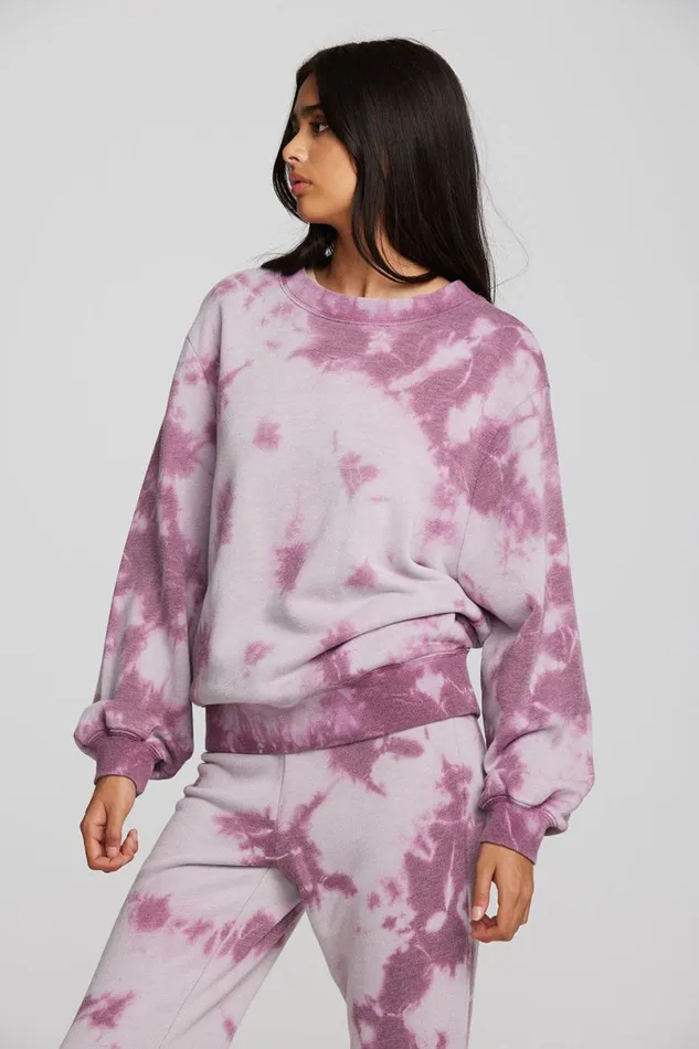 Womens Tops Chaser Brand Zuma Cotton Terry Crewneck Pullover With Distressed Detail Long Sleeve