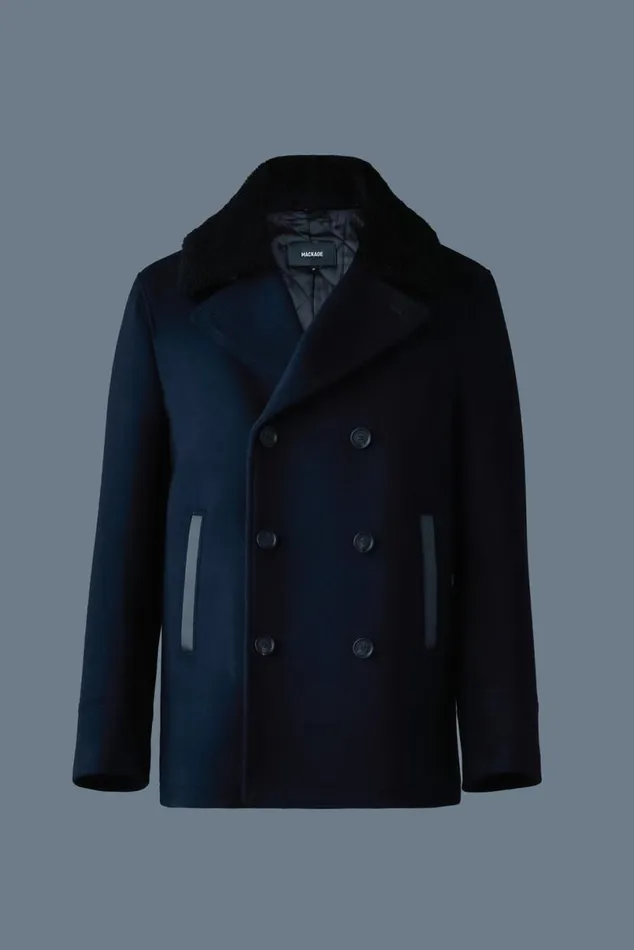Wool Coats Men Mackage COLE Wool Doublebreasted Jacket With Shearling Collar Navy Wool Coats Men Mackage COLE Wool Doublebreasted Jacket With Shearling Collar Navy