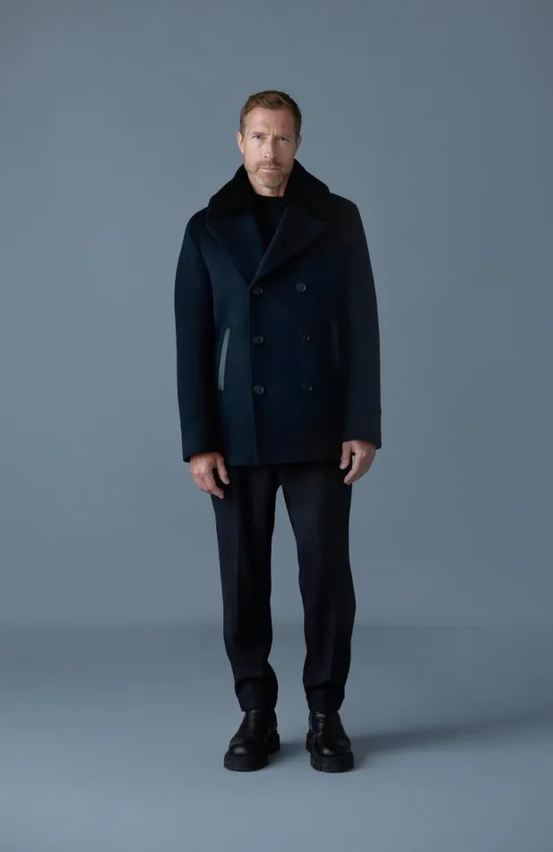 Wool Coats Men Mackage COLE Wool Doublebreasted Jacket With Shearling Collar Navy Wool Coats Men Mackage COLE Wool Doublebreasted Jacket With Shearling Collar Navy